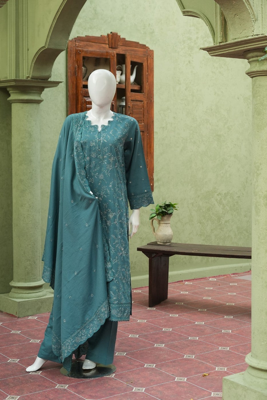 Teal embroidered karandi 3 piece shawl set