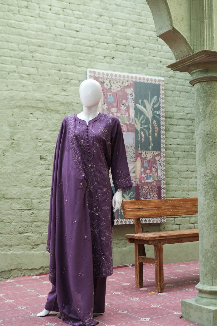 Purple embroidered karandi 3 piece shawl set