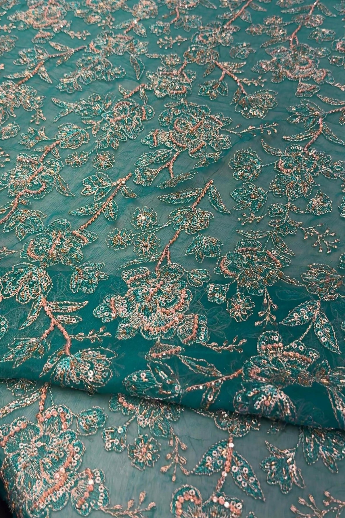 Sea green luxury formal chiffon — hand embellished fabric