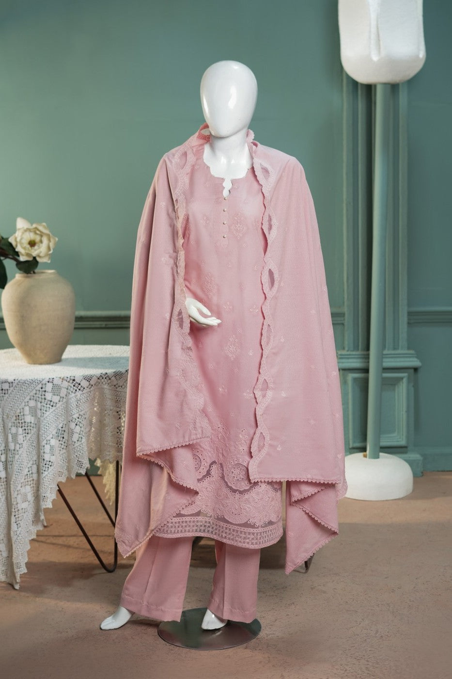 Tea pink embroidered karandi 3 piece shawl set