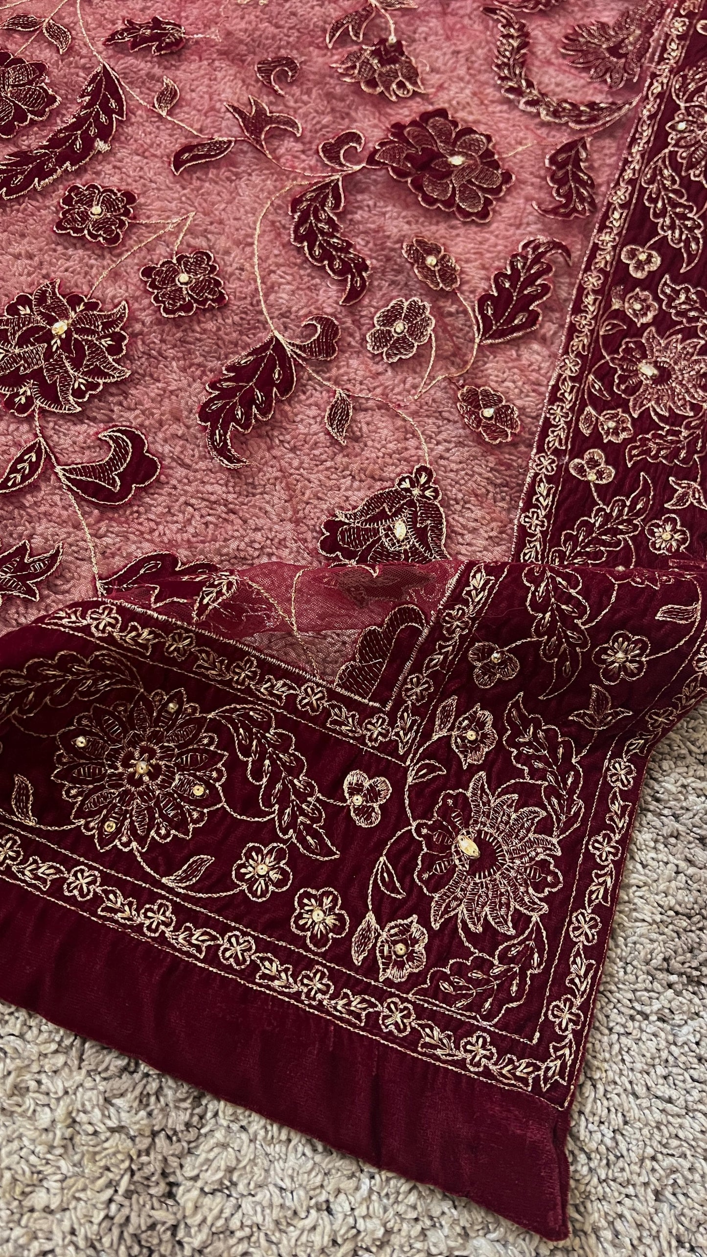 Fabareeze Maroon Star Dust cut work Velvet