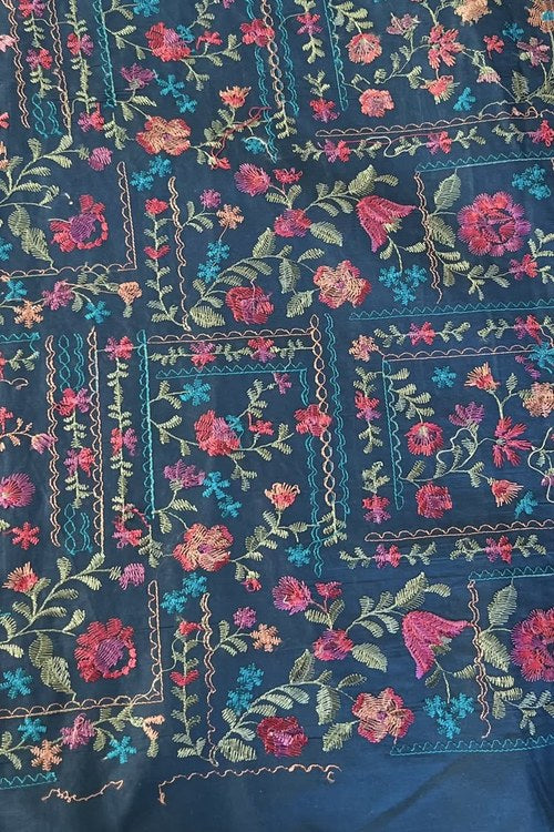 Teal Blue Embroidered Lawn - fabric closeup