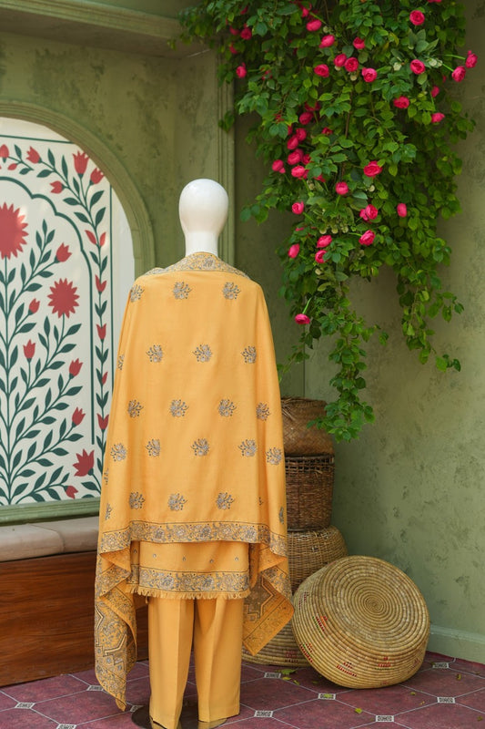Yellow Karandi Shawl Set - full 3-piece embroidered karandi shawl set