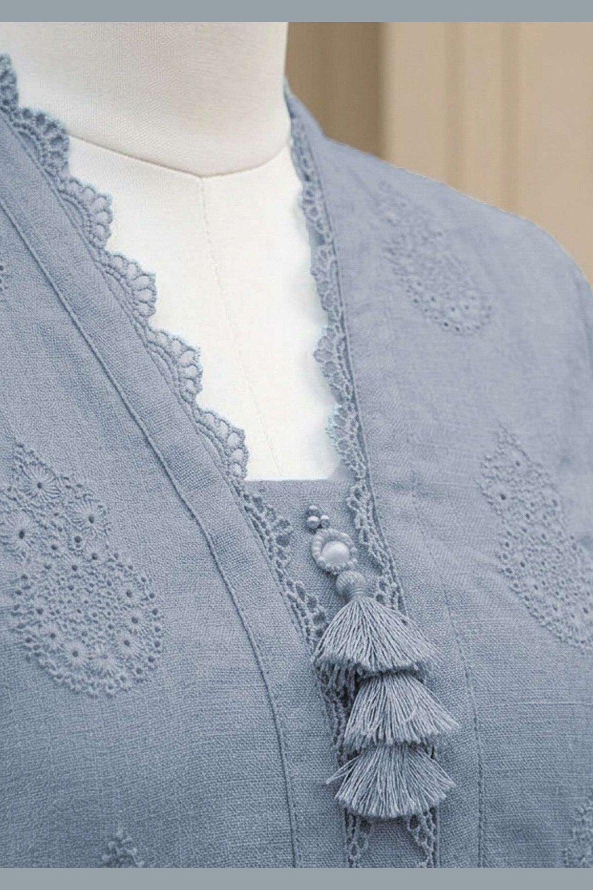Ice Blue Karandi Shawl Set - scalloped neck trim