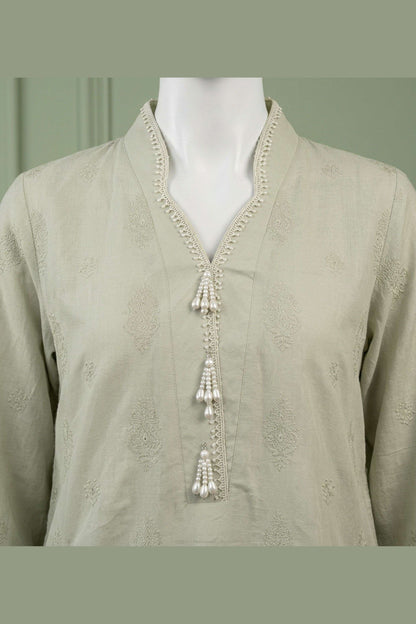 Green Karandi Shawl Set - neckline and placket detail