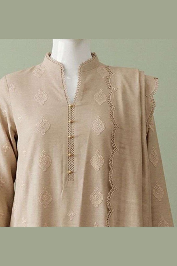 Beige Karandi Shawl Set - collar and placket detail