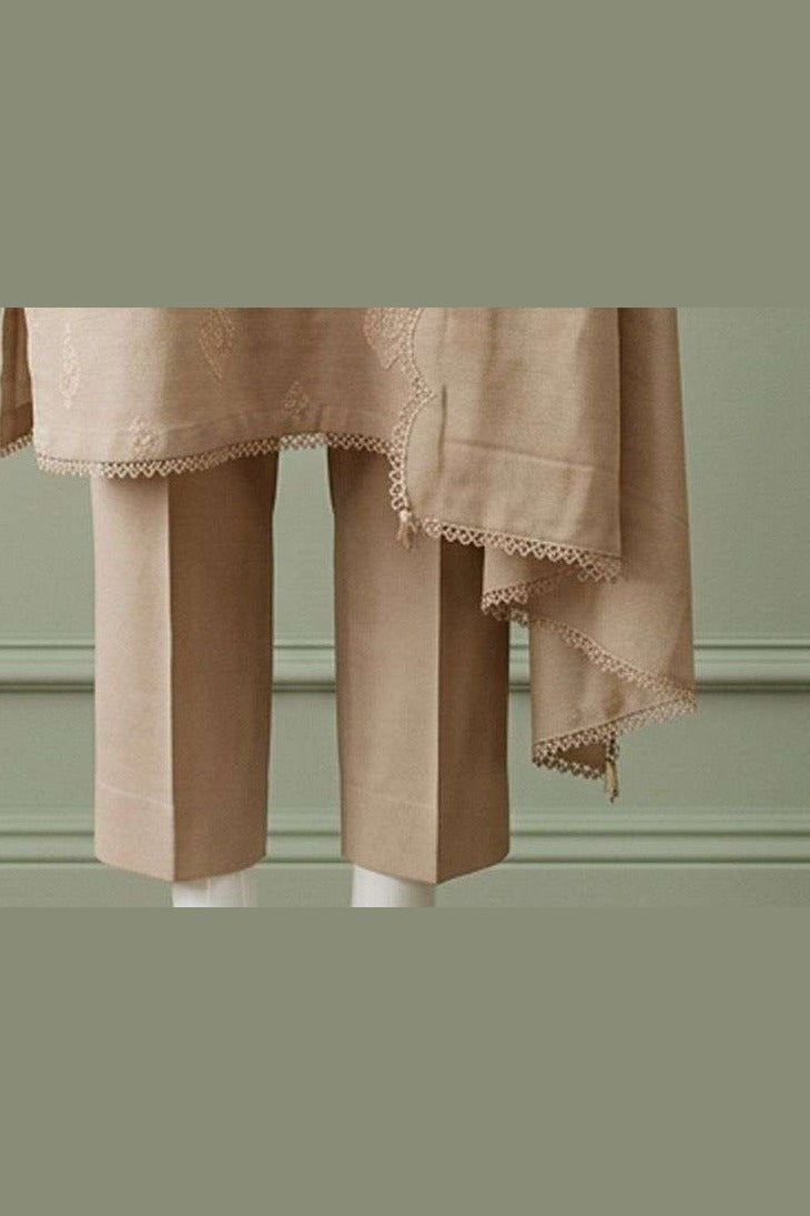 Beige Karandi Shawl Set - shawl border and trouser hem