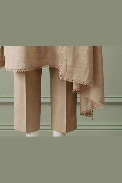 Beige Karandi Shawl Set - shawl border and trouser hem