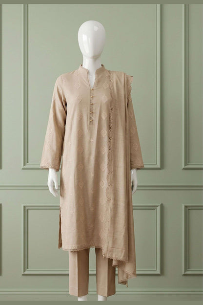 Beige Karandi Shawl Set - unstitched 3-piece with ready-to-carry shawl