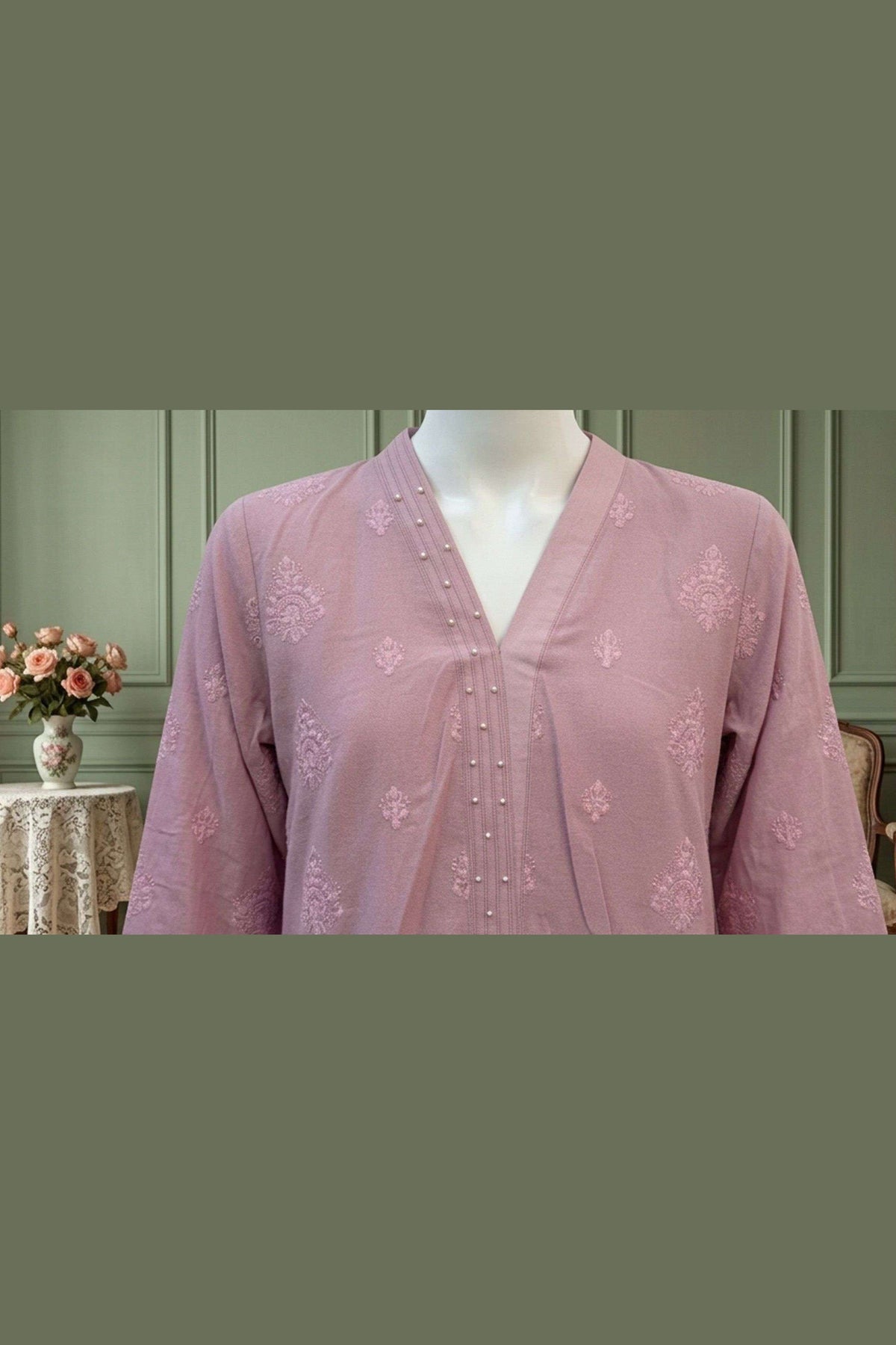 Tea Pink Karandi Shawl Set - neckline and placket detail