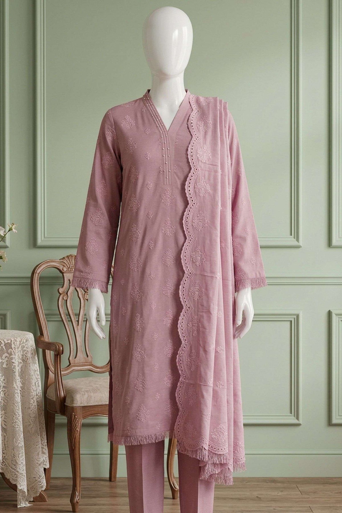 Tea Pink Karandi Shawl Set - unstitched 3-piece with ready-to-carry shawl