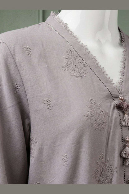 Mauve Karandi Shawl Set - neckline trim detail