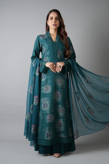 Fabareeze Teal Green 3 PC Chickenkari Karandi