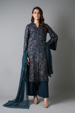 Fabareeze Teal Blue 3 PC Embroidered Karandi