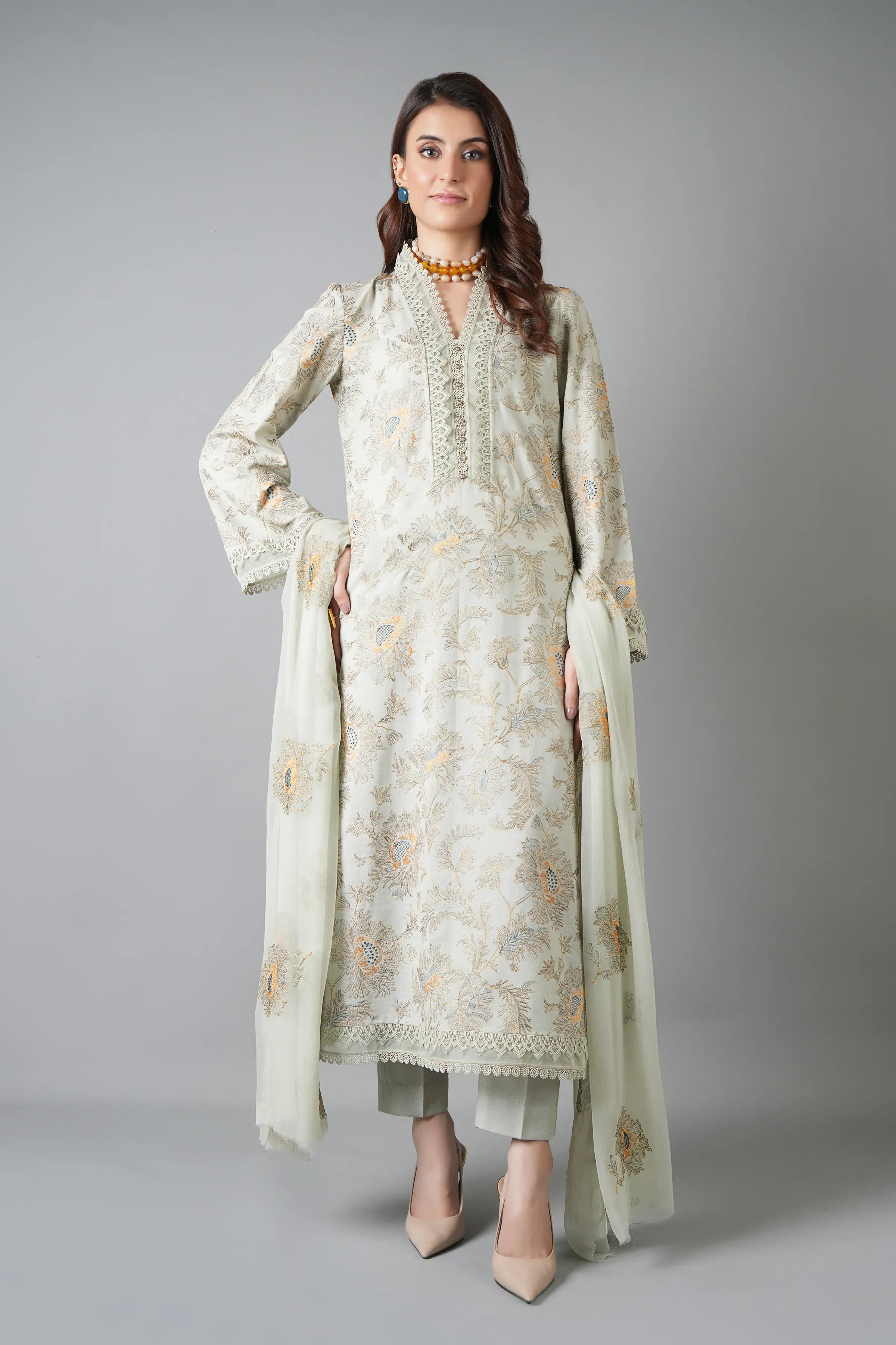 Fabareeze Ash gray 3 PC Embroidered Karandi