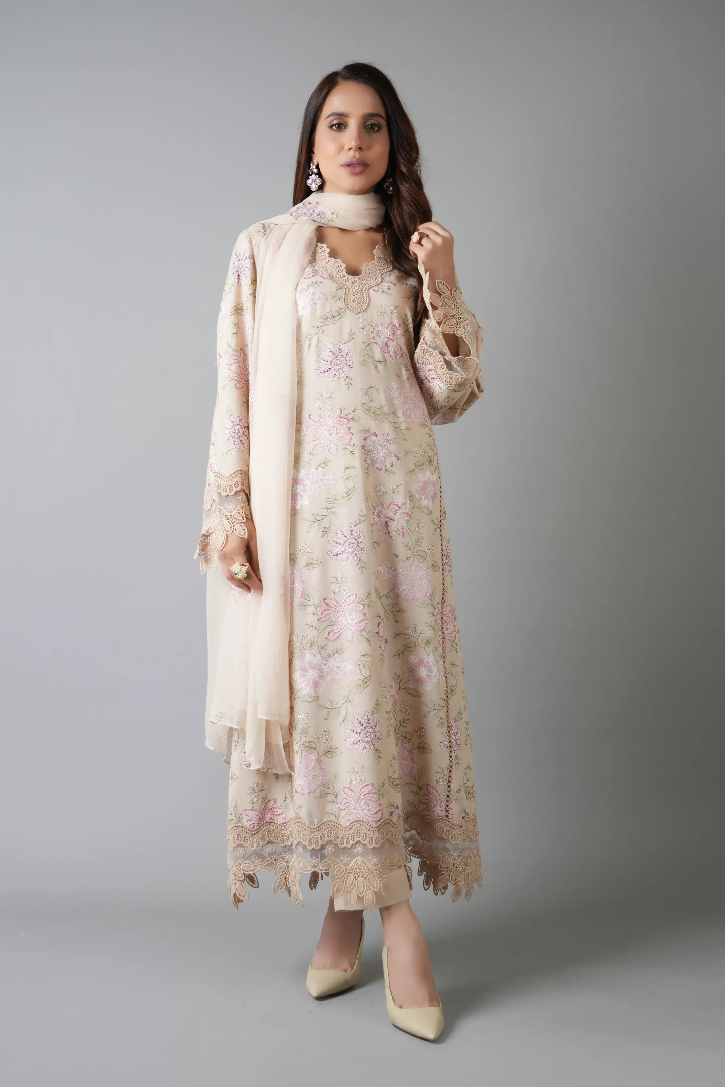 Fabareeze Beige 3 PC Embroidered Karandi
