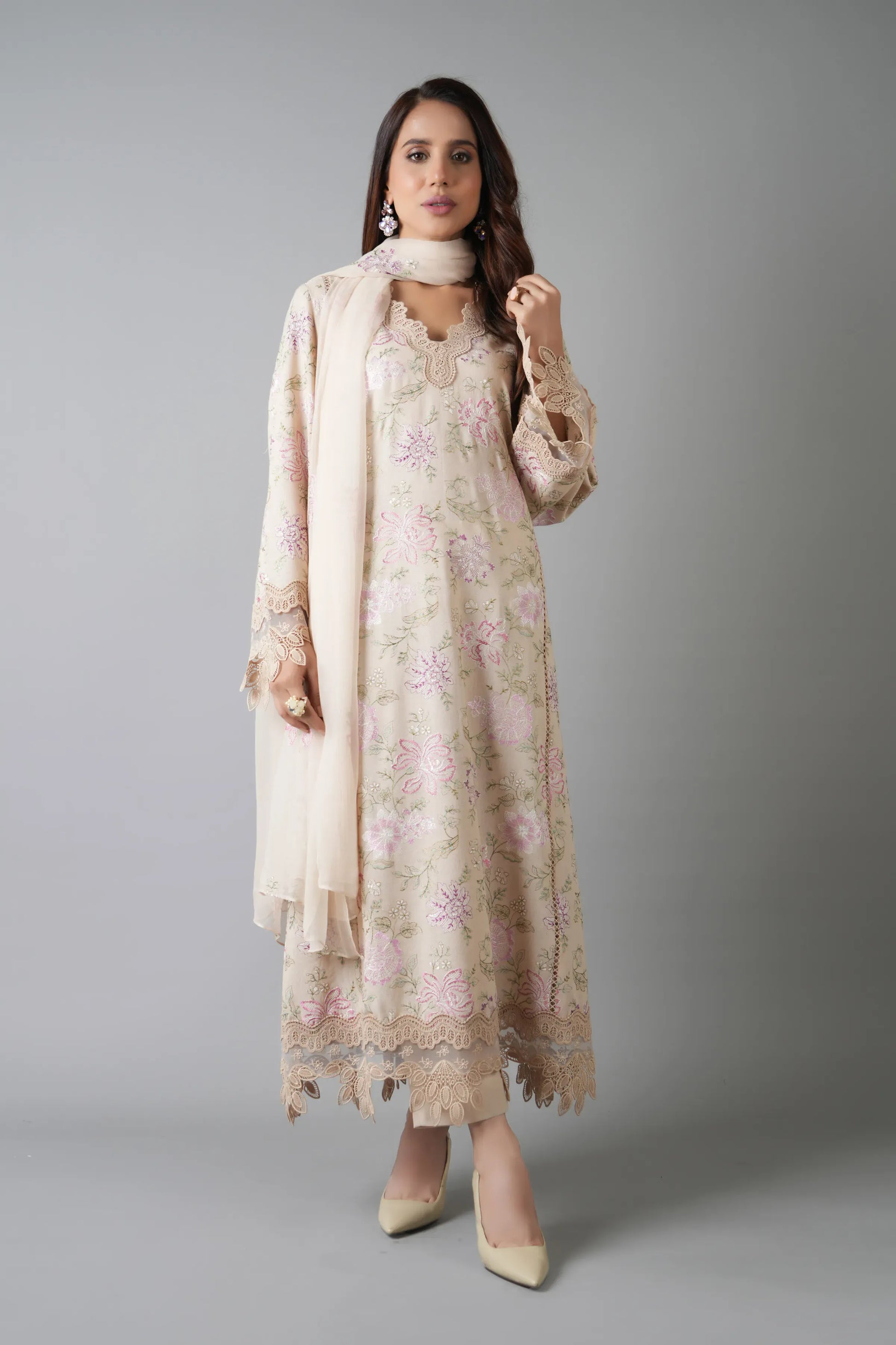 Fabareeze Beige 3 PC Embroidered Karandi