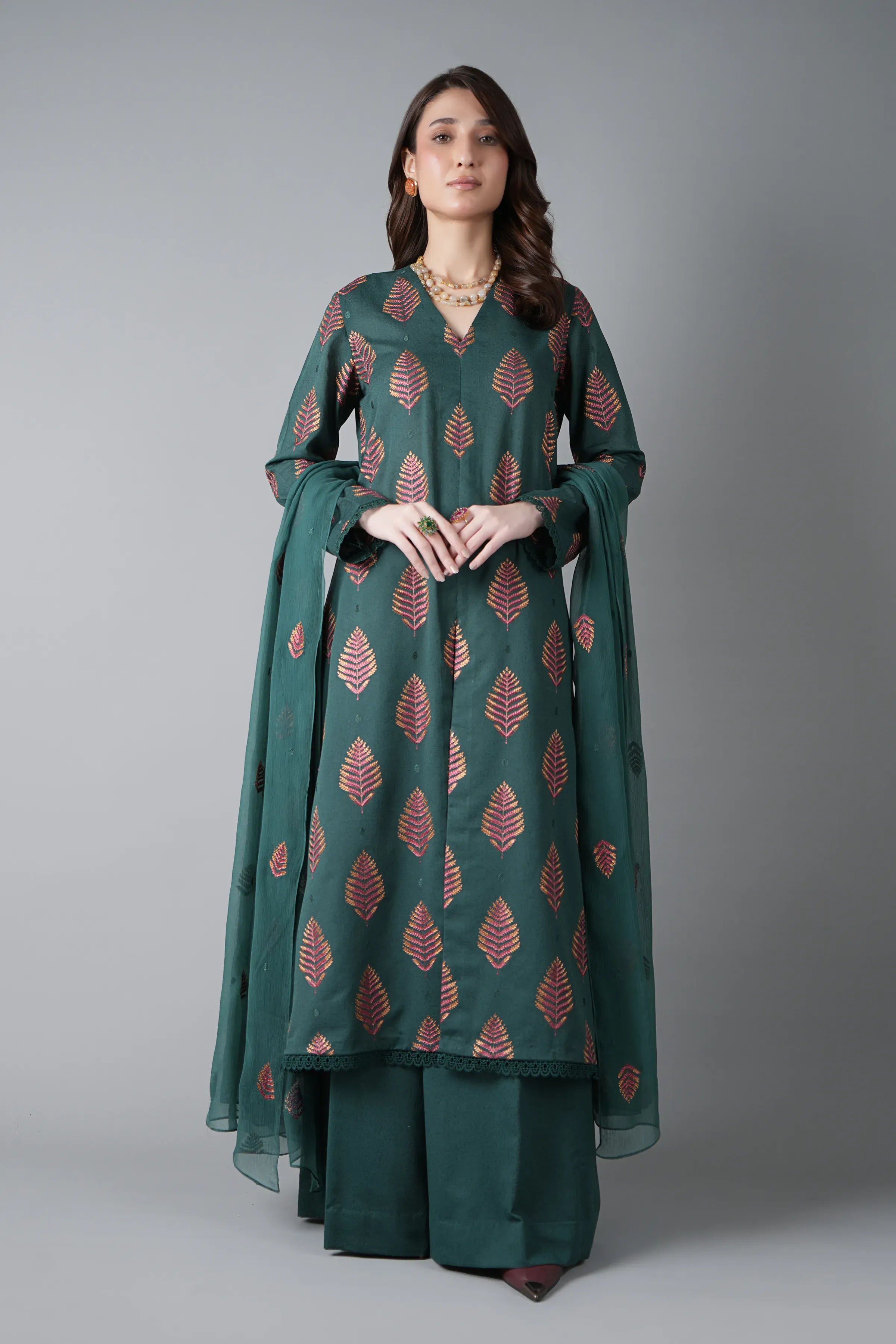 Fabareeze Teal green 3 PC Embroidered Karandi