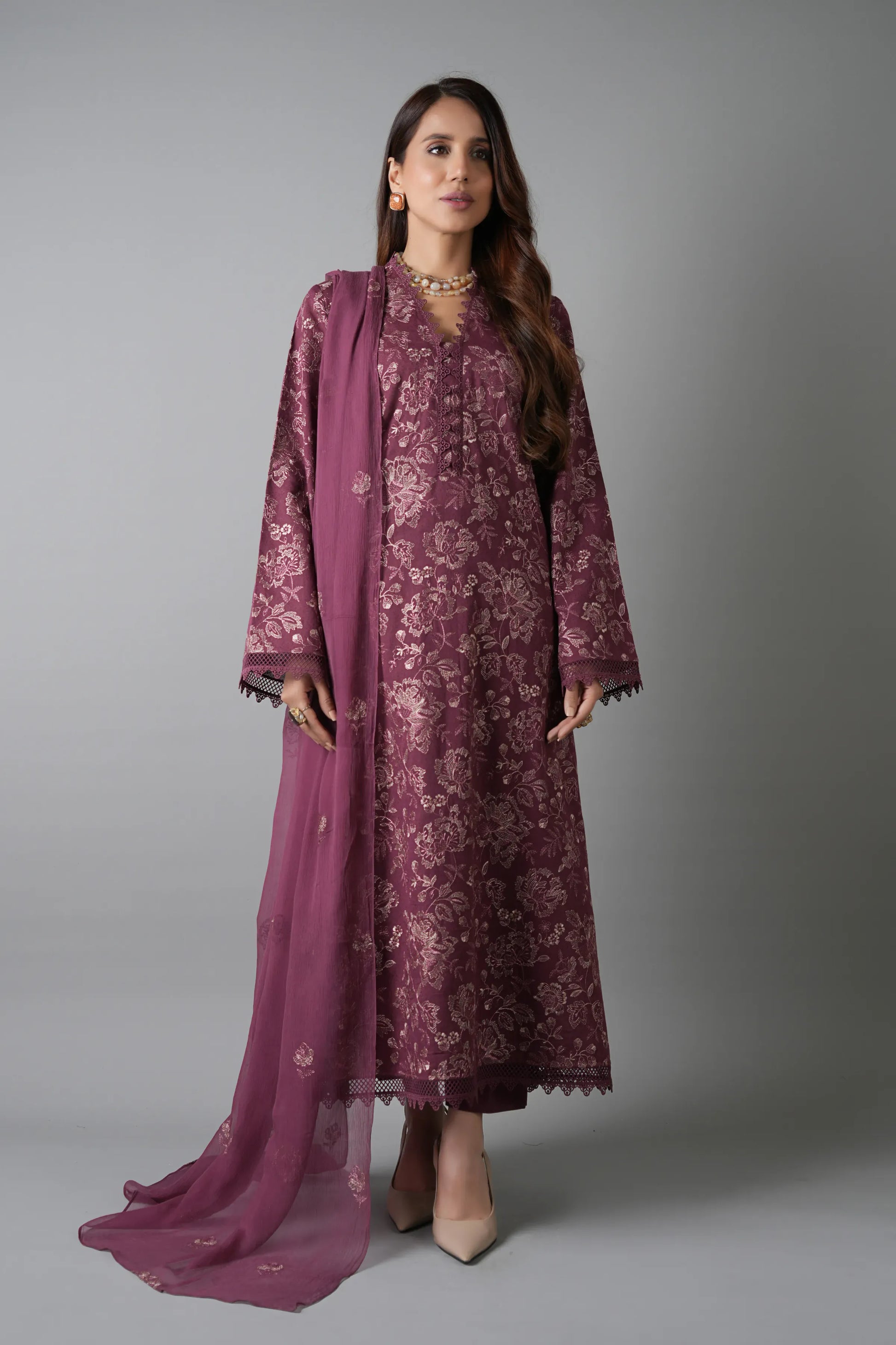 Fabareeze Plum 3 PC Embroidered Karandi