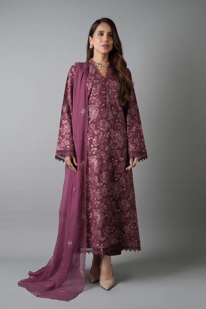 Fabareeze Plum 3 PC Embroidered Karandi
