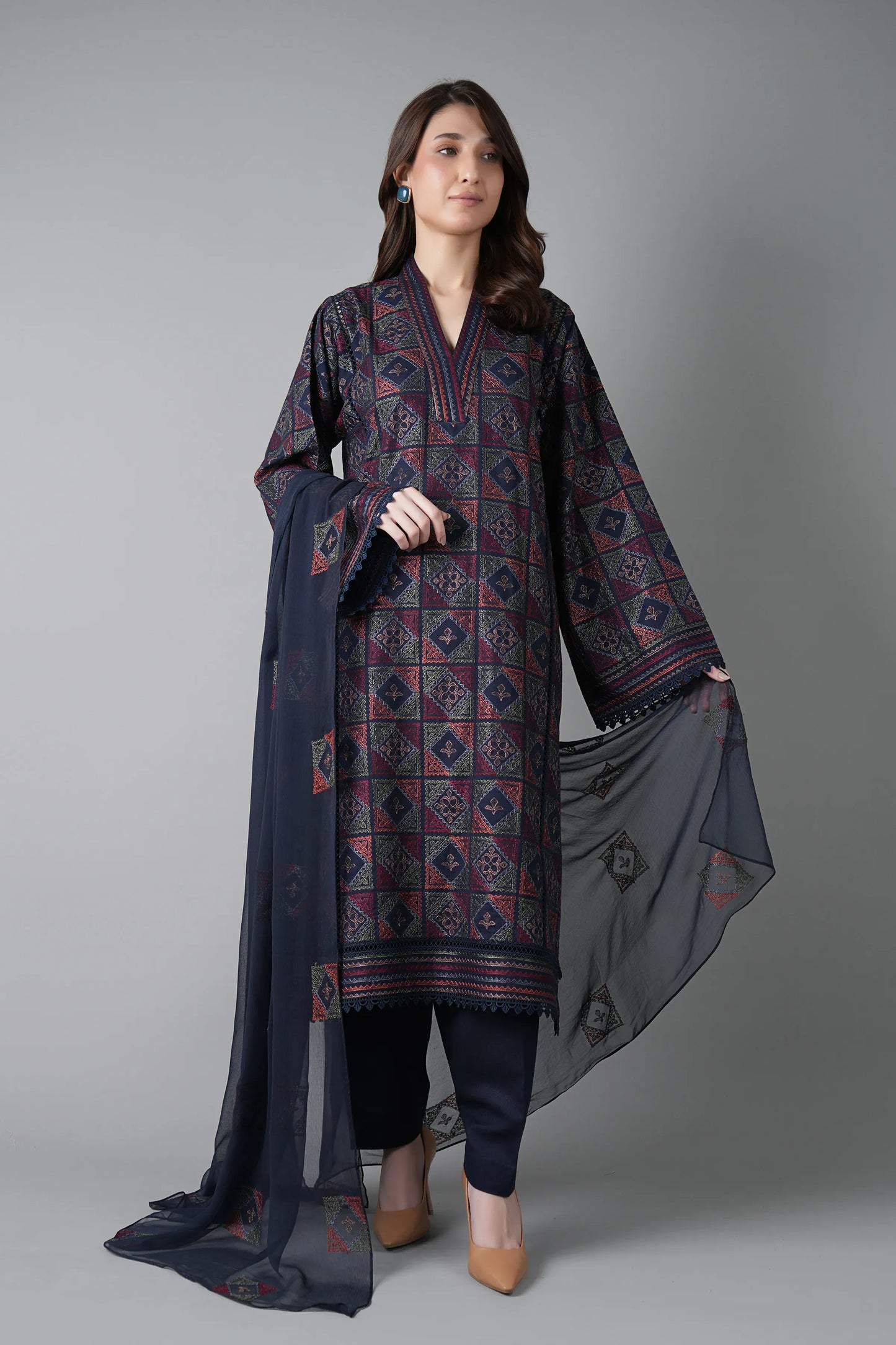 Fabareeze Dark Navy blue 3 PC Embroidered Karandi