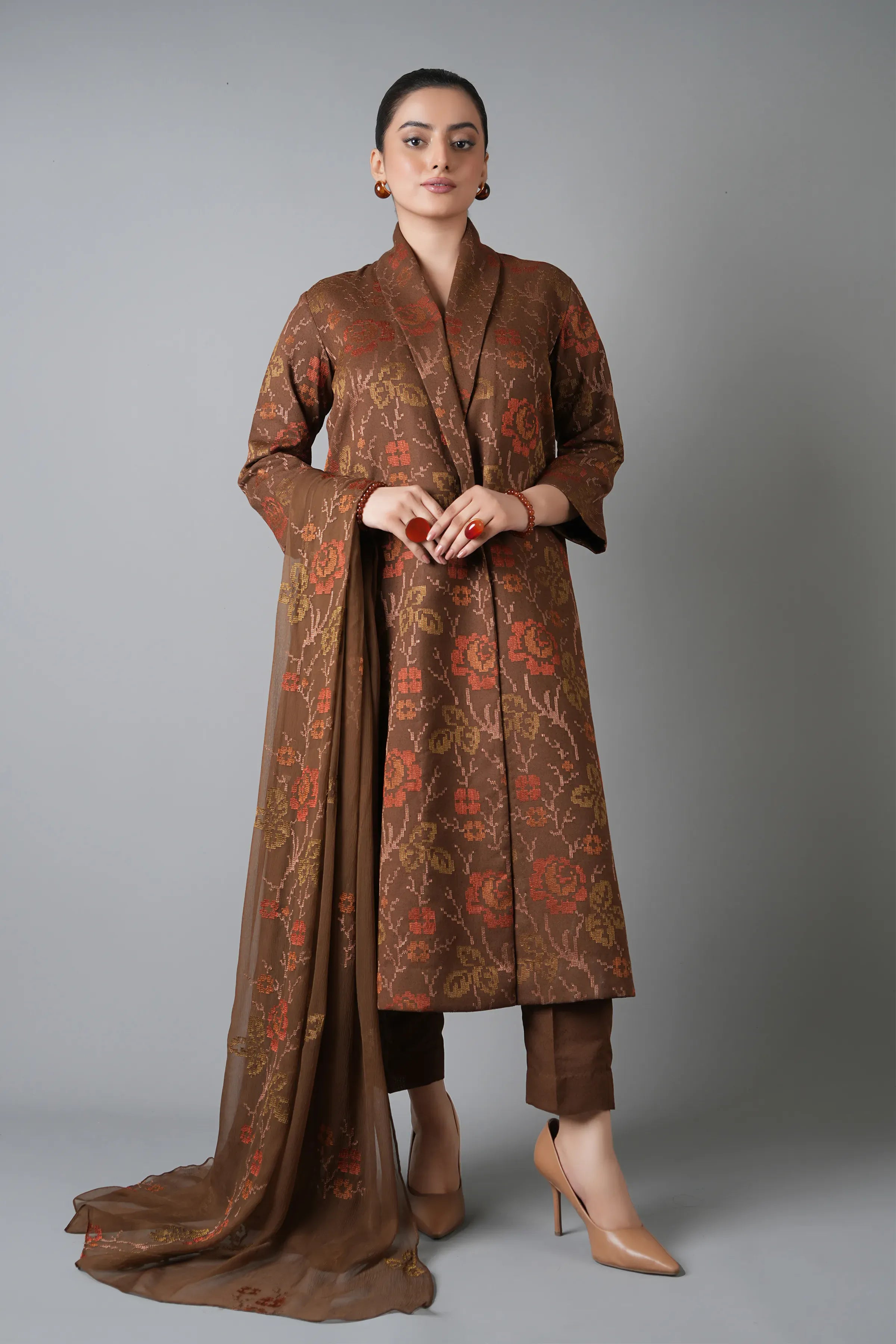 Fabareeze Brown 3 PC Embroidered Karandi