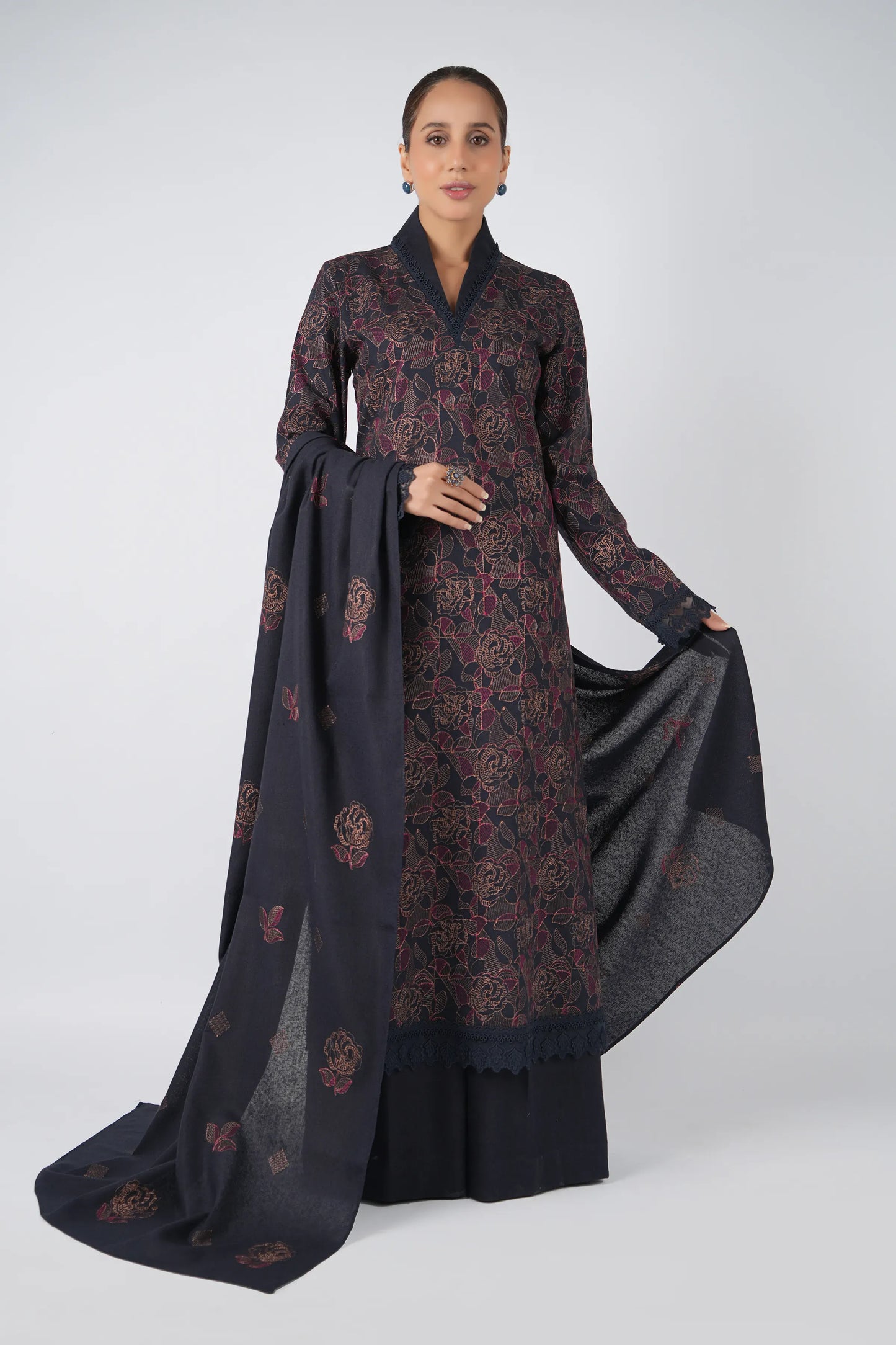 Fabareeze Dark Navy Blue 3 PC Embroidered Karandi
