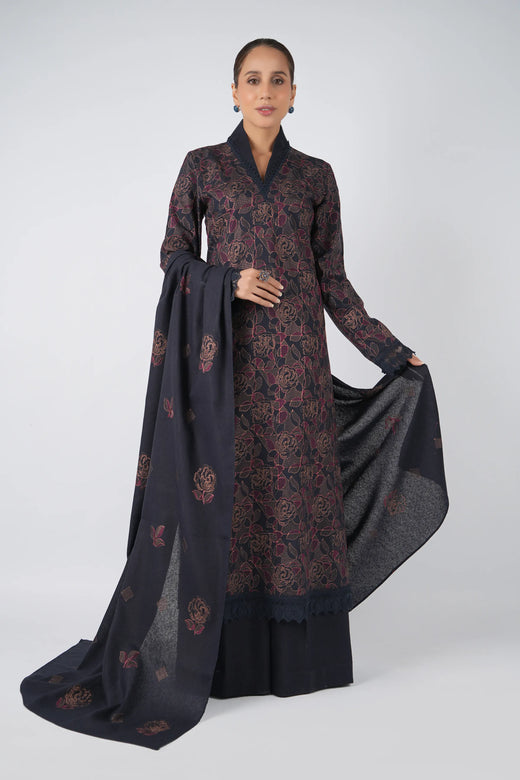Dark Navy Blue Embroidered Karandi