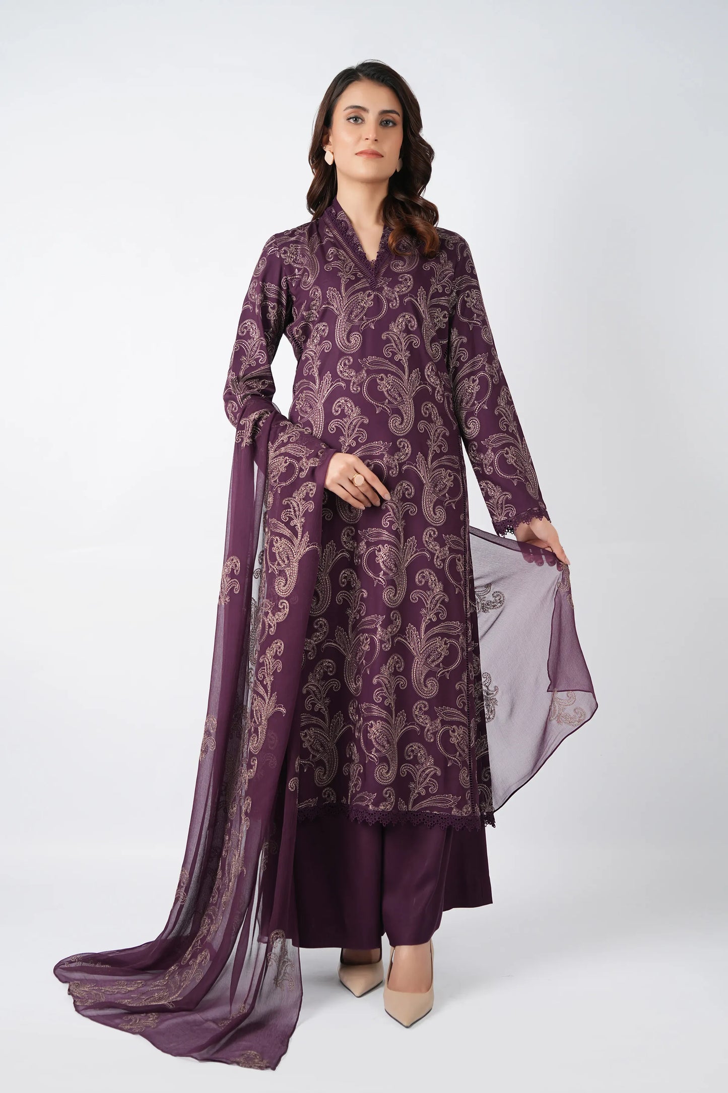 Fabareeze Plum 3 PC Embroidered Karandi
