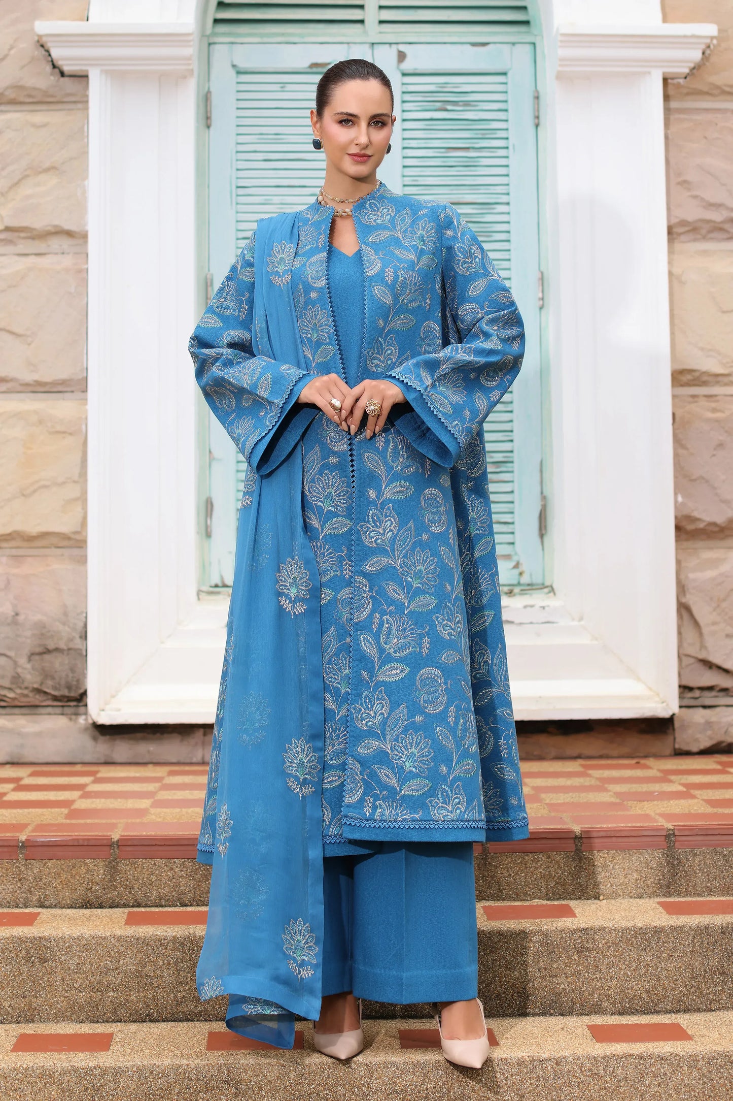 Fabareeze Blue 3 PC Embroidered Karandi