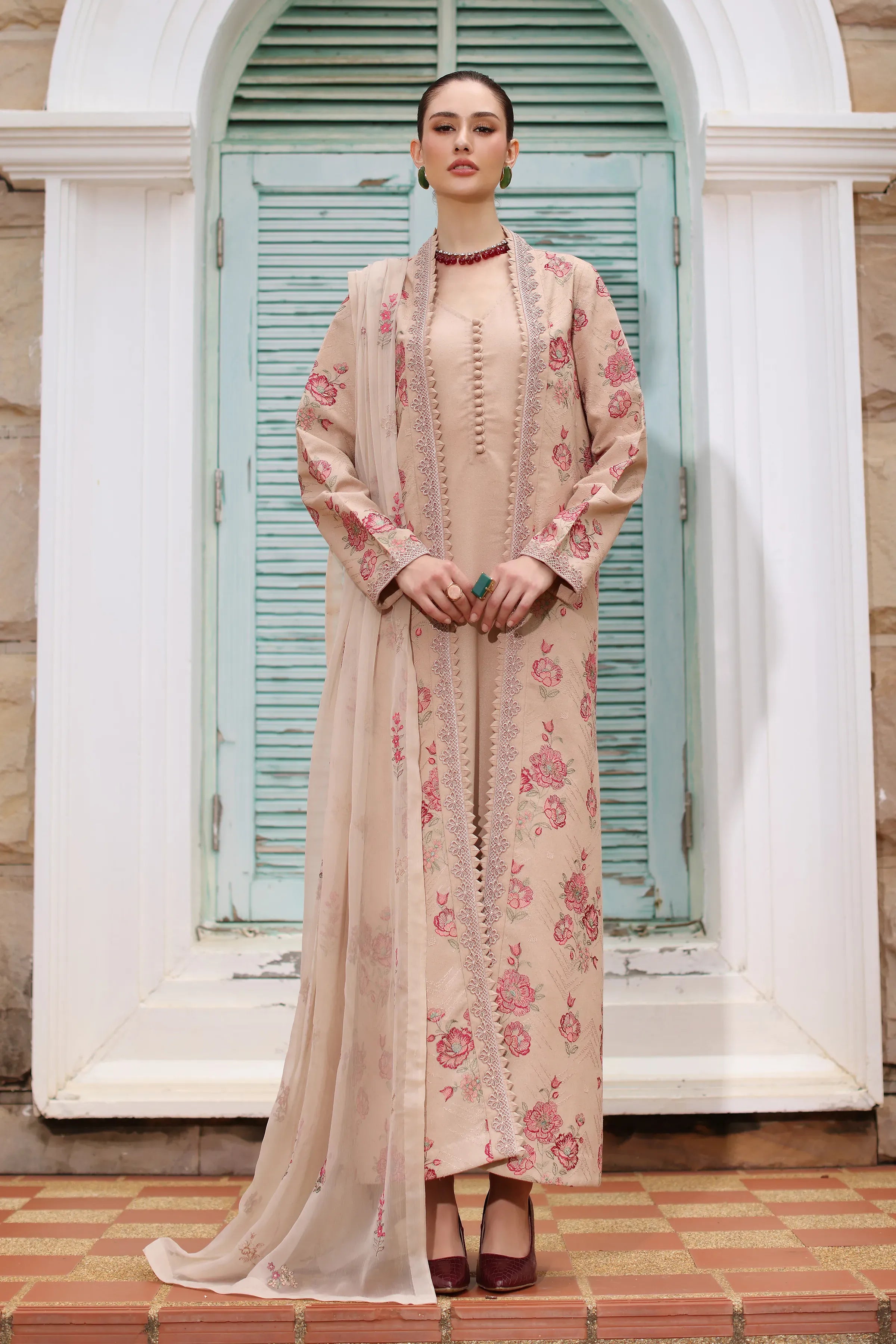 Fabareeze Peach 3 PC Embroidered Karandi