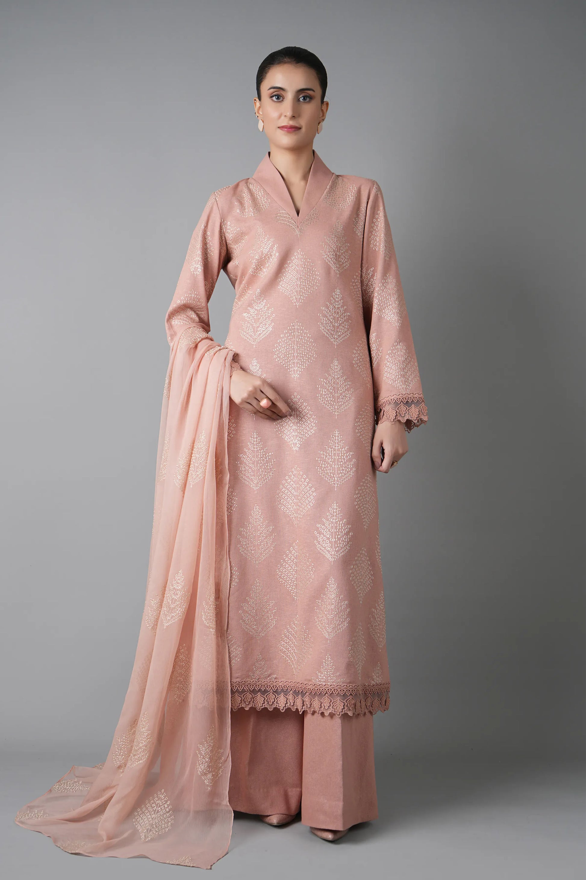 Fabareeze Peach 3 PC Embroidered Karandi
