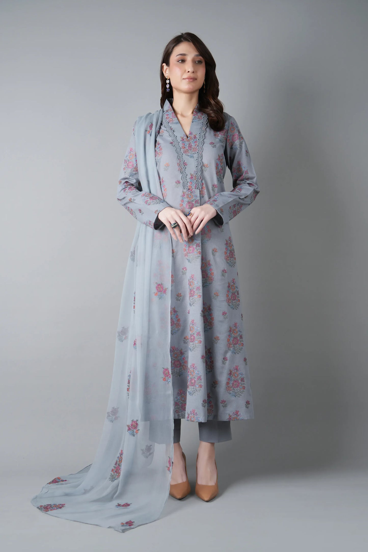 Fabareeze Grey 3 PC Embroidered Karandi