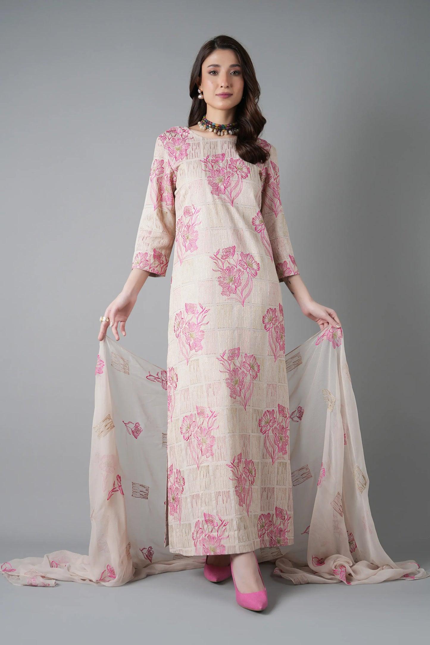 Fabareeze Beige 3 PC Embroidered Karandi