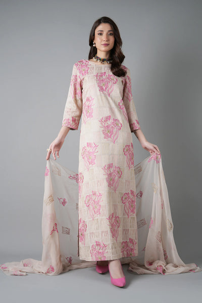 Fabareeze Beige 3 PC Embroidered Karandi