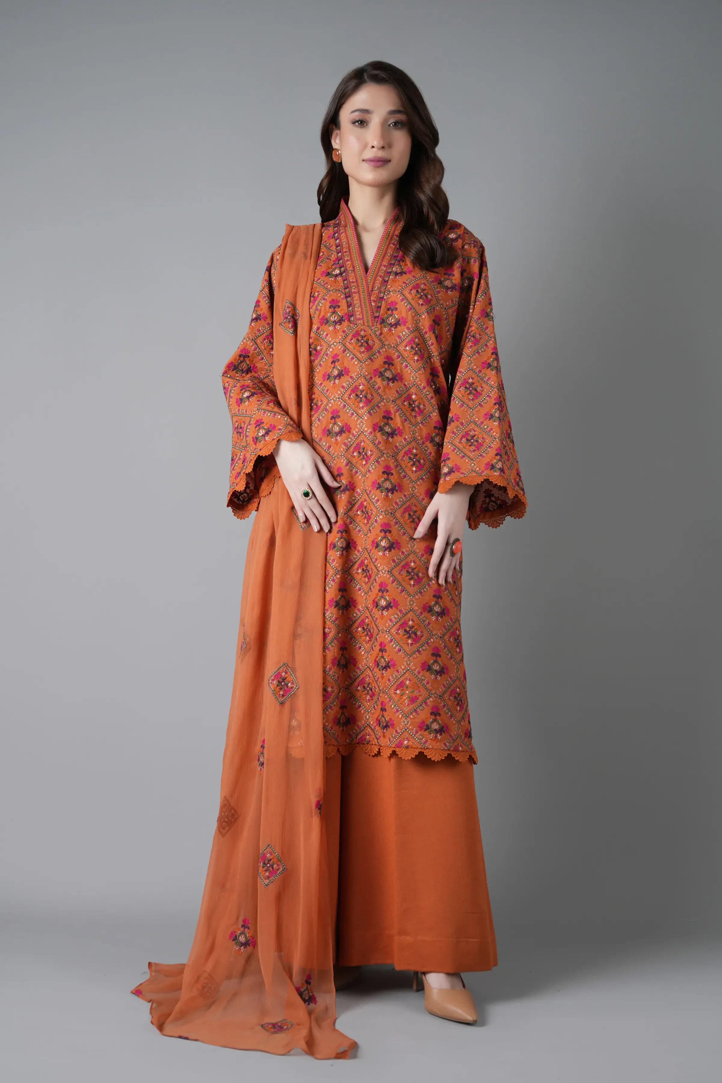 Fabareeze Rust 3 PC Embroidered Karandi