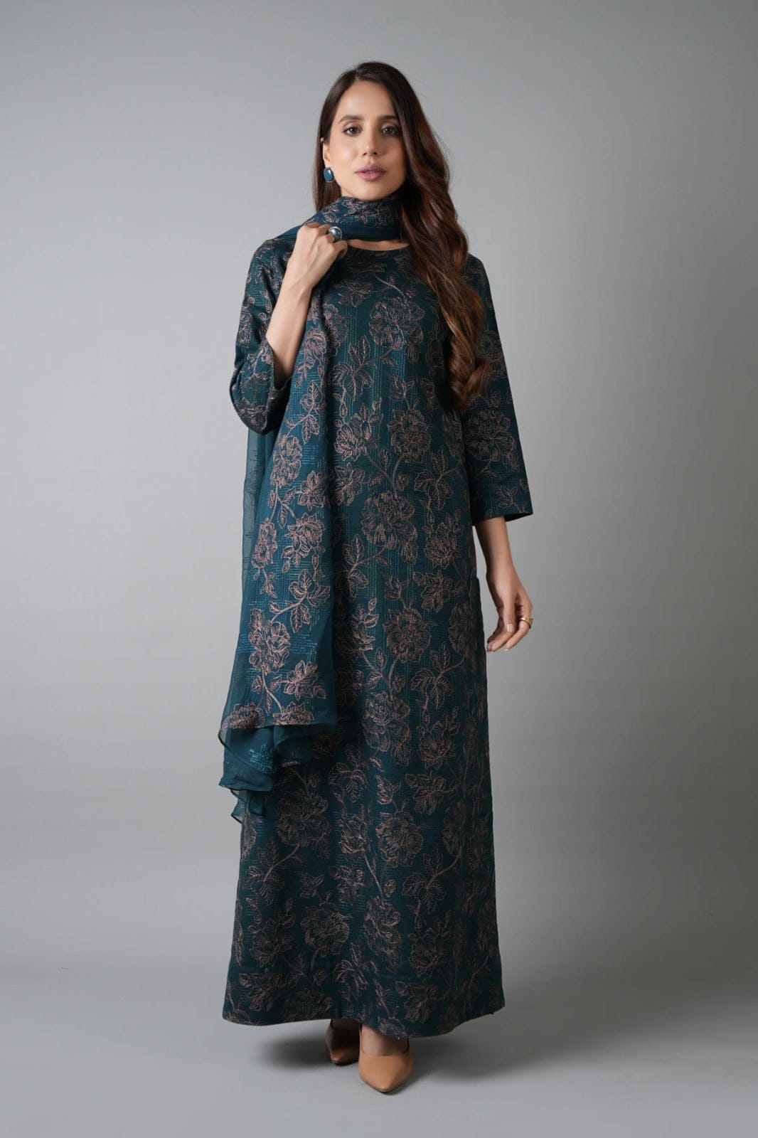 Fabareeze Teal Blue 3 PC Embroidered Karandi