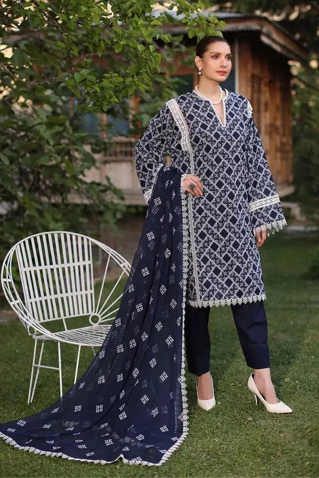 Fabareeze Navy blue 3 PC Lawn Embroidered
