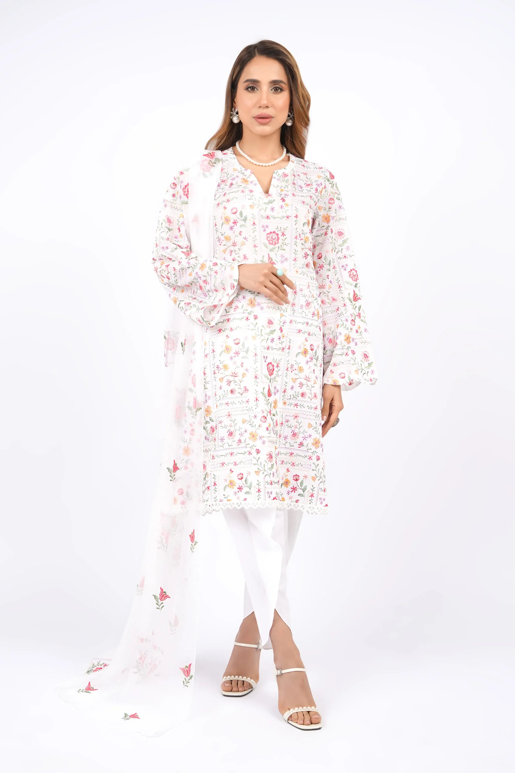 Fabareeze White 3 PC Lawn Embroidered