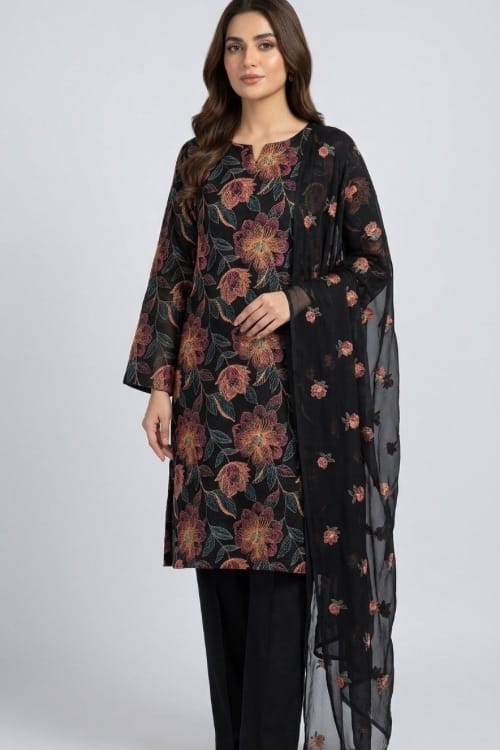 Fabareeze Black 3 PC Lawn Embroidered