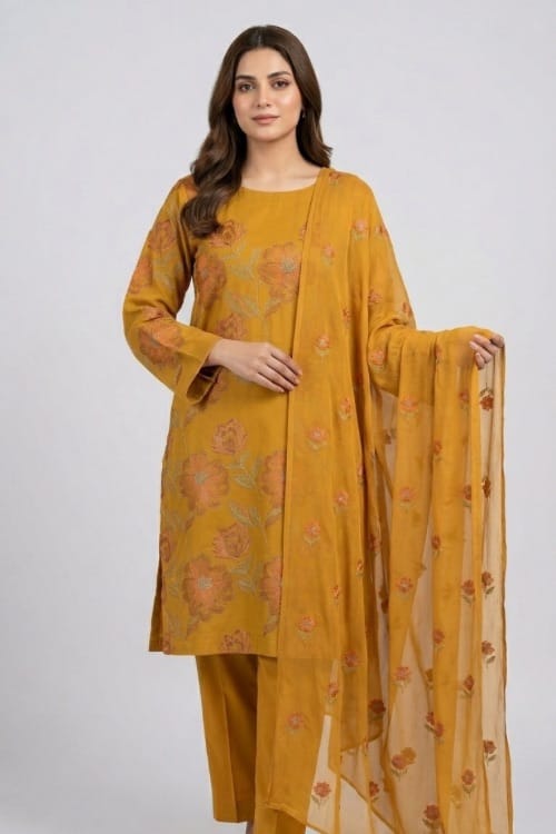 Fabareeze Mustard 3 PC Lawn Embroidered