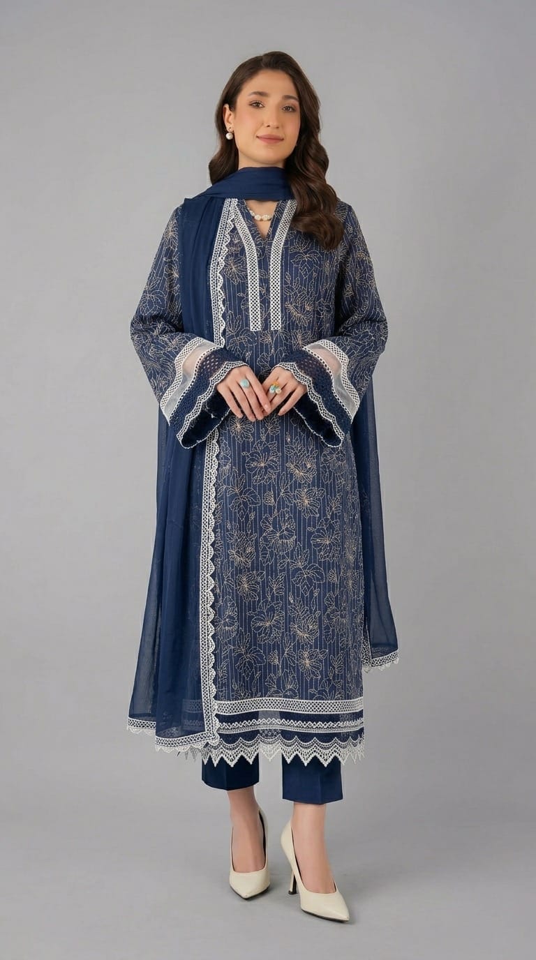 Fabareeze Navy blue 3 PC Lawn Embroidered