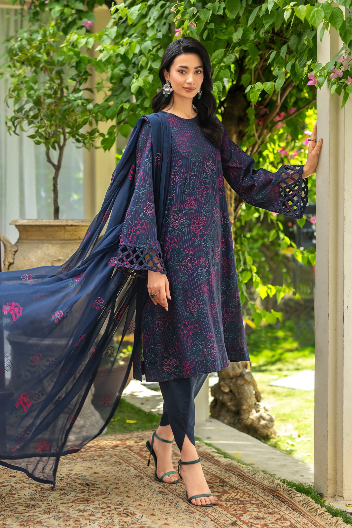 Navy Blue Embroidered Lawn