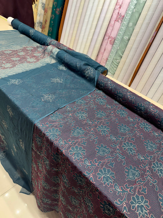 Teal Green Embroidered Karandi