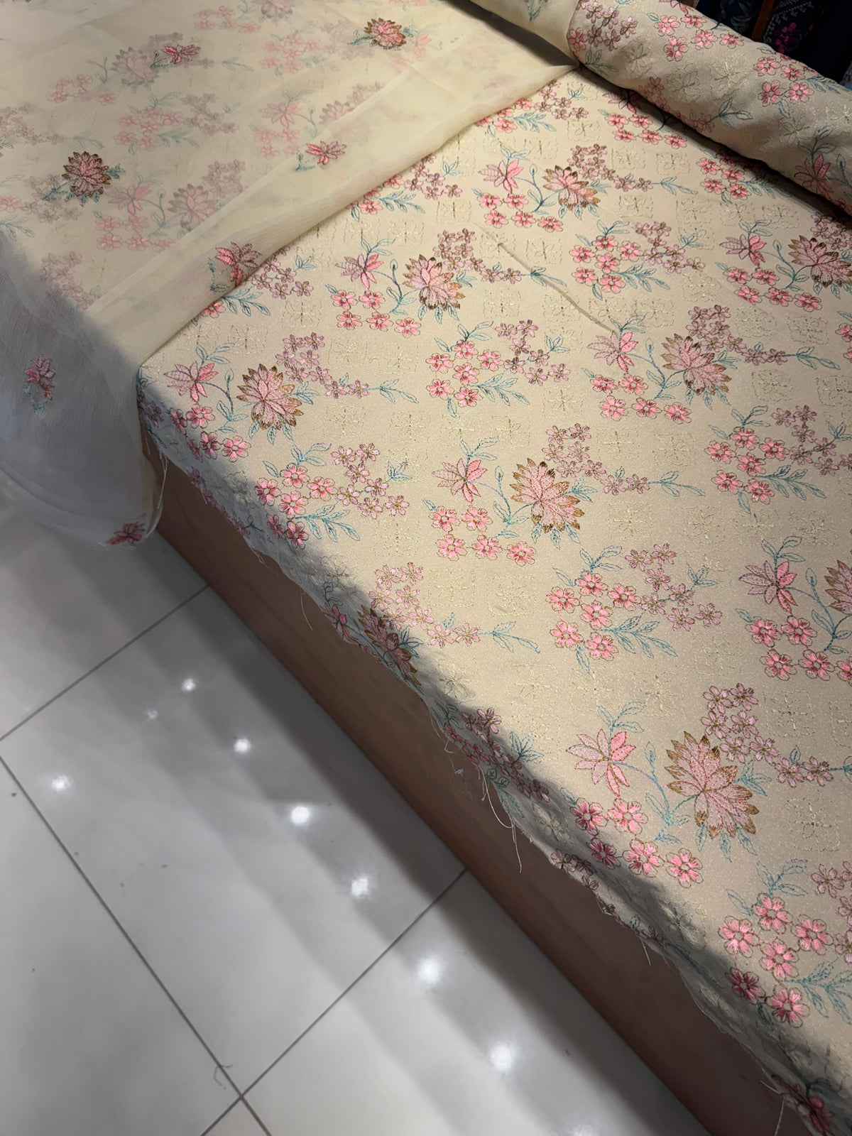 Beige Embroidered Karandi