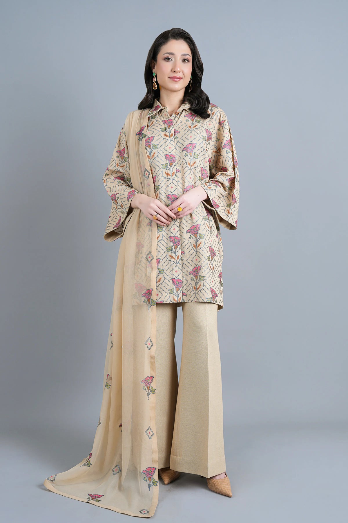 Beige Embroidered Karandi