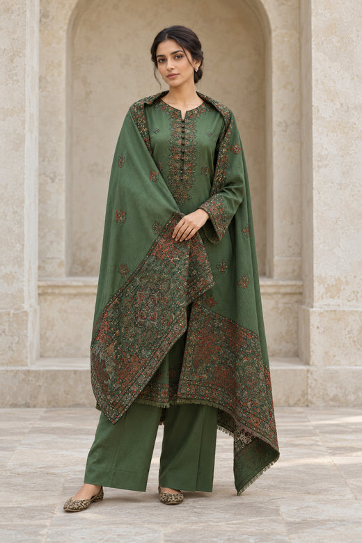 Olive Green Karandi Shawl Set