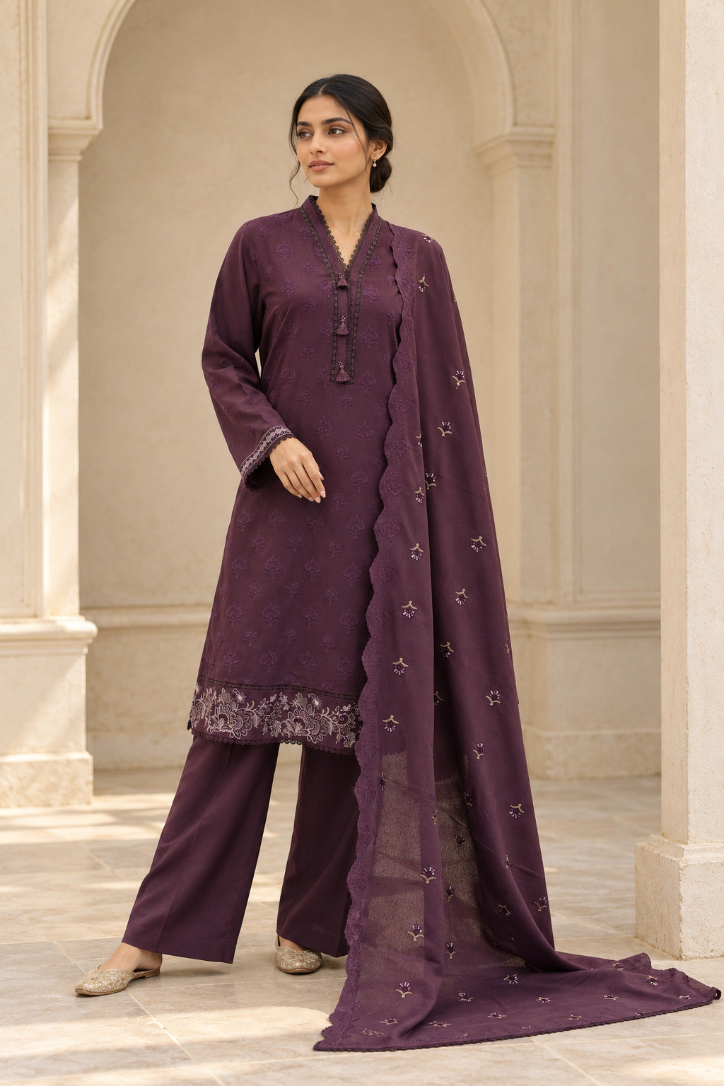 Purple karandi shawl set worn by a model - embroidered shirt, ready-to-carry shawl and plain trouser