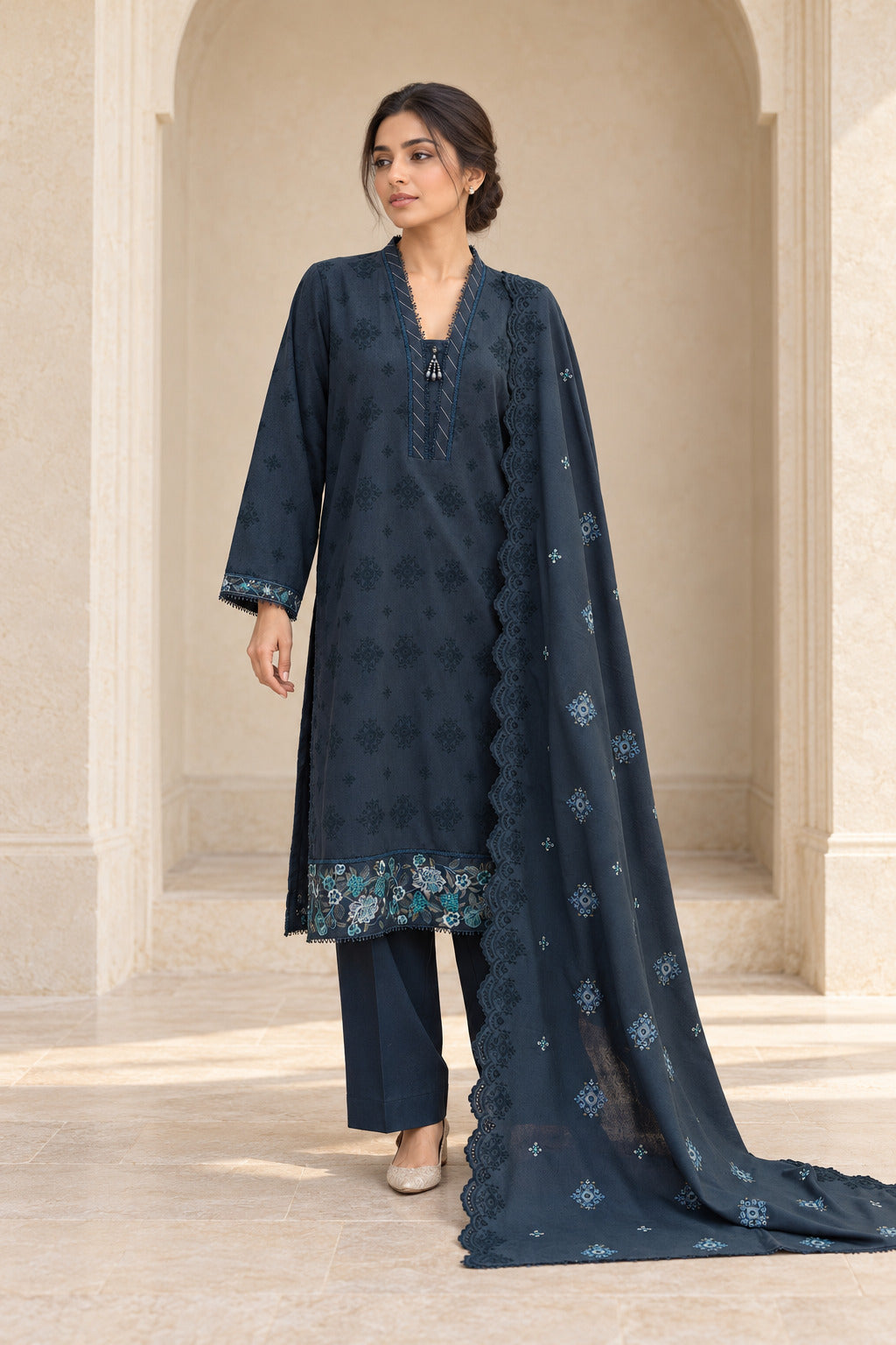Navy blue karandi shawl set worn by a model - embroidered shirt, ready-to-carry shawl and plain trouser