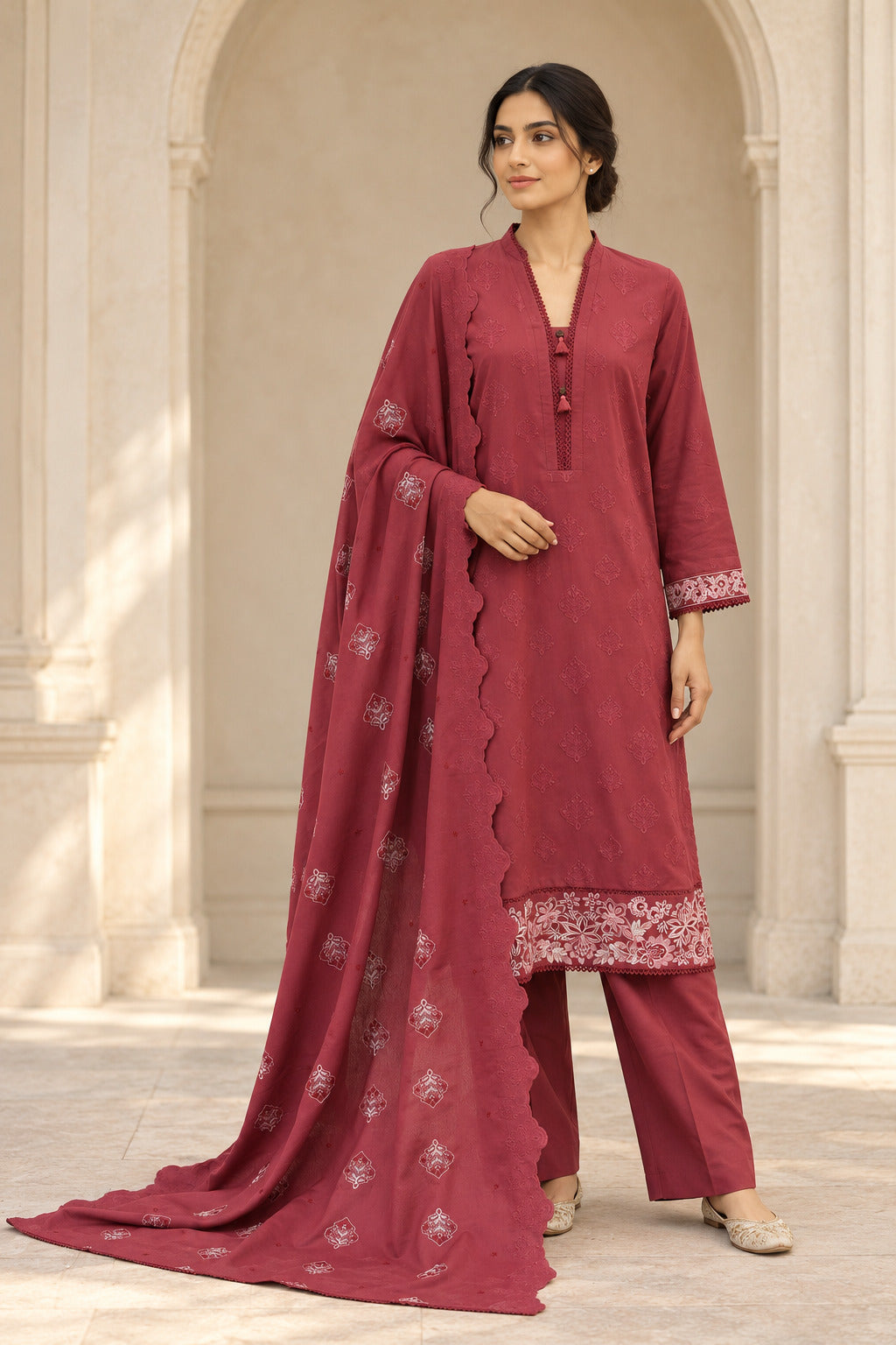 Maroon karandi shawl set worn by a model - embroidered shirt, ready-to-carry shawl and plain trouser